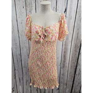 Blashe XL Floral Smocked Square Neck Puff Sleeve Tie Front Mini Dress Boho Girly